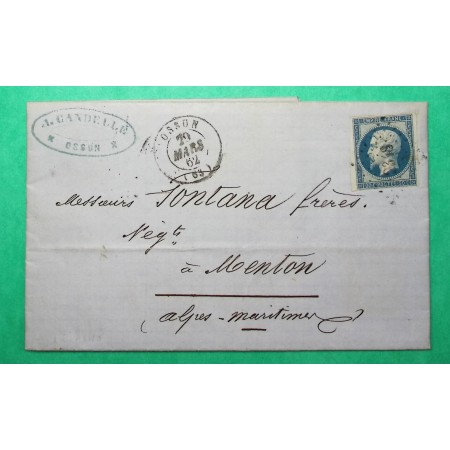 N°14B PC 2348 OSSUN HAUTES PYRENEES POUR MENTON ALPES MARITIMES 1862