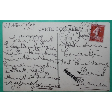 N°138 SEMEUSE CARTE POTALE PORT SAÏD EGYPTE GRIFFE PAQUEBOT POUR PARIS 1909 LETTRE COVER FRANCE
