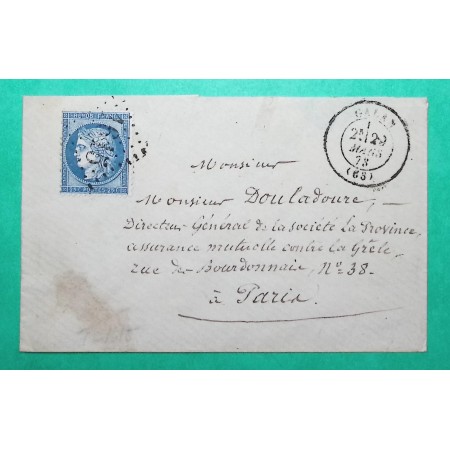 N°60A GC 1615 GALAN HAUTES PYRENEES POUR PARIS 1873