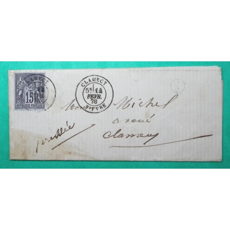 N°77 SAGE CAD TYPE 18 CLAMECY NIEVRE BOITE RURALE SUPPLEMENTAIRE I2 BEUVRON CORRESPONDANCE LOCALE 1878