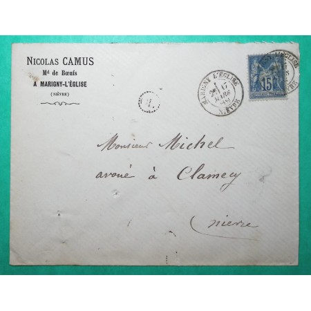 N°90 SAGE CAD TYPE 18 MARIGNY L'EGLISE NIEVRE OL ORIGINE LOCALE POUR CLAMECY 1889
