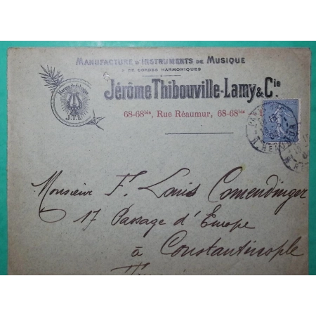N°132 SEMEUSE BELLE ENVELOPPE PUB ILLUSTREE INSTRUMENTS DE MUSIQUE PARIS POUR CONSTANTINOPLE TURQUIE 1904 COVER FRANCE