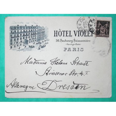N°97 SAGE BELLE ENVELOPPE ILLUSTREE HOTEL VIOLET PARIS POUR DRESDEN ALLEMAGNE 1899