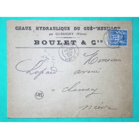 N°90 SAGE CAD TYPE 18 GUERIGNY NIEVRE OR ORIGINE LOCALE LE GUE D'HEUILLON POUR CLAMECY 1893