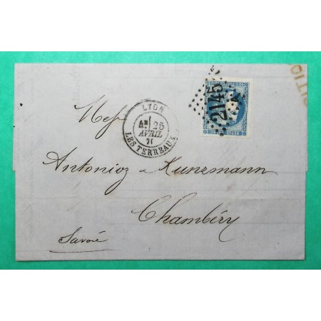 N°46B TB GC 2145A LYON LES TERREAUX RHONE POUR CHAMBERY SAVOIE 1871