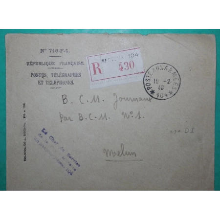 FRANCHISE MILITAIRE FM RECOMMANDE POSTES TELEGRAPHES ET TELEPHONES POSTE AUX ARMEES SECTEUR 104 POUR MELUN 1940 WW2