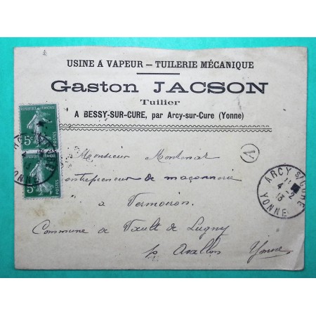 N°137 PAIRE SEMEUSE LETTRE ENTETE ARCY SUR CURE YONNE BOITE RURALE A BESSY SUR CURE 1913