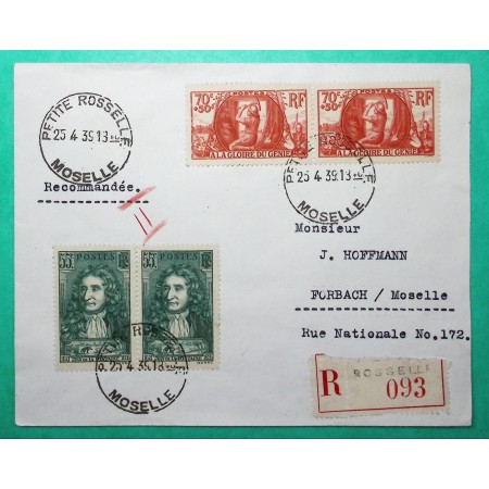 N°397 x2 + 423 x2 LA FONTAINE GLOIRE GENIE MILITAIRE RECOMMANDE PETITE ROSSELLE MOSELLE POUR FORBACH 1939
