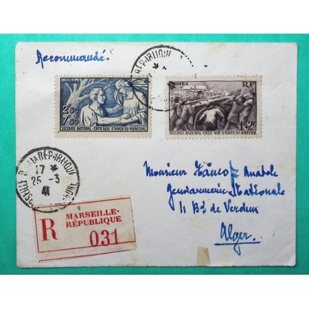 N°497 + 498 SECOURS NATIONAL ENTRAIDE D'HIVER DU MARECHAL RECOMMANDE MARSEILLE 1941