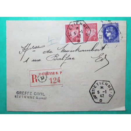 N°375A + 514 x2  CERES PETAIN HOURRIEZ PREMIER JOUR TARIF 4F50 LETTRE ST ETIENNE LOIRE 05/01/1942