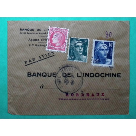 N°676 + 713 + 726 CERES MAZELIN GANDON TAILLE DOUCE LETTRE AVION POSTE NAVAL HAIPHONG INDOCHINE 1945 WW2