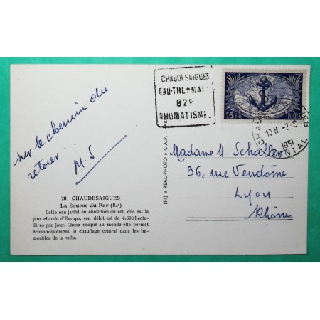 N°889 CARTE POSTALE OBLITERATION DAGUIN MANUEL CHAUDESAIGUES CANTAL 1951