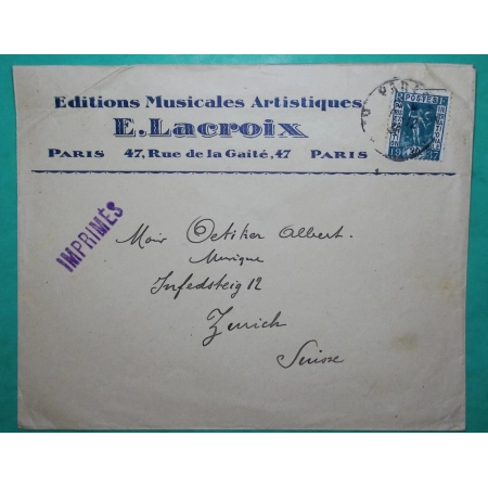 N°323 30C VERT EXPO INTERNATIONAL SEUL SUR LETTRE EDITIONS LACROIX PARIS TARIF IMPRIME POUR ZURICH SUISSE 1937 FRANCE
