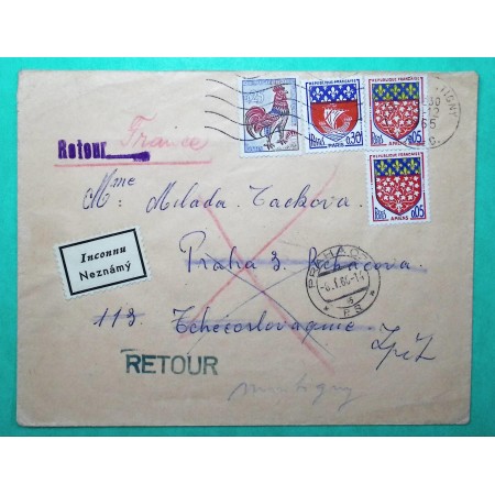 N°1331 + 1352 x2 + 1354B COQ DECARIS ARMOIRIES LETTRE MONTIGNY PAS DE CALAIS POUR PRAGUE TCHECOSLOVAQUIE INCONNU RETOUR 1965