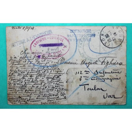FM CROISEUR CUIRASSE ERNEST RENAN GRIFFE DESTINATAIRE N'A PU ETRE ATTEINT EN TEMPS UTILE CARTE POSTALE 1914 WW1