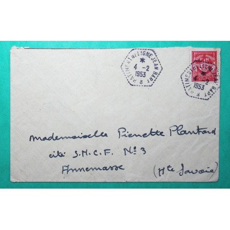 TIMBRE FM FRANCHISE MILITAIRE BATIMENT DE LIGNE JEAN BART POUR ANNEMASSE HAUTE SAVOIE 1953