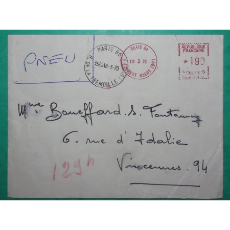 EMA 1F90 PARIS RUE CLEMENT MAROT ROUGE PNEUMATIQUE RUE DE LA TREMOILLE POUR VINCENNES 1970 LETTRE COVER FRANCE