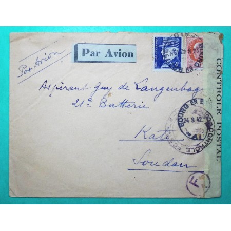 N°521 + 522 PETAIN LETTRE PAR AVION BOURG EN BRESSE AIN POUR KATI SOUDAN AOF 1842 WW2