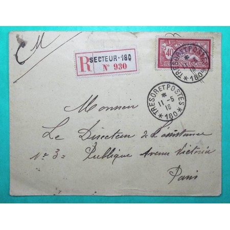 N°119 MERSON RECOMMANDE TRESOR ET POSTES SECTEUR 180 POUR PARIS 1918 WW1