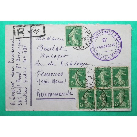 N°137 x7 SEMEUSE RECOMMANDE 35C 34ème REGIMENT TERRITORIAL D'INFANTERIE SECTEUR POSTAL 180 1915 WW1