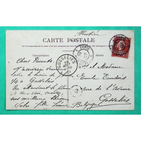 N°135 SEMEUSE AMBULANT NUIT TERGNIER A PARIS CARTE POSTALE POUR GOSSELIES BELGIQUE 1907