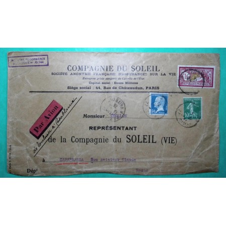 N°121 + 159 + 176 MERSON SEMEUSE PASTEUR LETTRE PAR AVION PARIS POUR CASABLANCA MAROC 1925