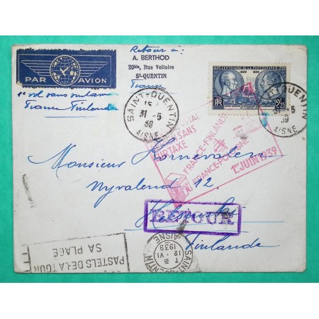 N°427 NIEPCE DAGUERRE SEUL SUR LETTRE PAR AVION 1er VOL FRANCE FINLANDE HELSINKI 1939