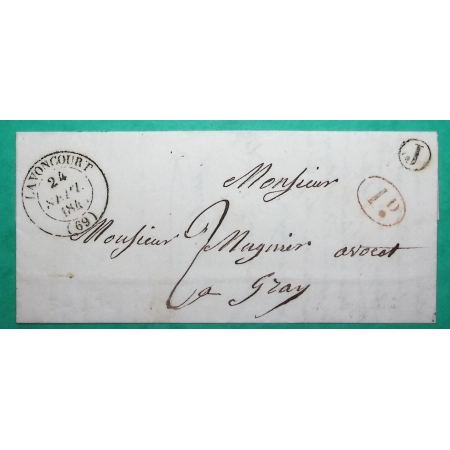 CAD TYPE 14 LAVONCOURT HAUTE SAONE DECIME + BOITE RURALE J RAY SUR SAONE POUR GRAY 1845 LETTRE COVER FRANCE