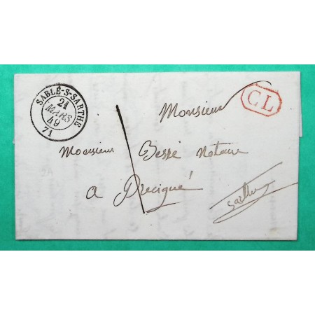 CAD TYPE 15 SABLE SUR SARTHE CL CORRESPONDANCE LOCALE POUR PRECIGNE TAXE 1 1849