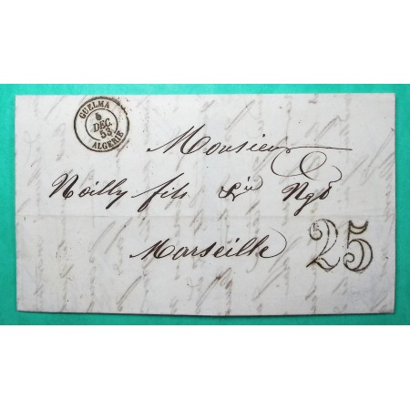 CAD TYPE 15 GUELMA ALGERIE TAXE 25 POUR MARSEILLE BOUCHES DU RHONE 1853