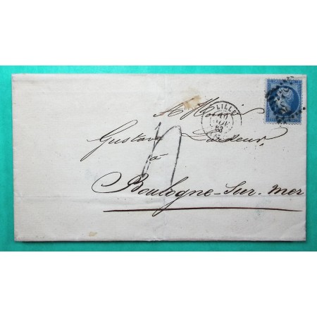 N°22 GC 2046 LILLE NORD TAXE TAMPON 4 AFFRANCHISSEMENT INSUFFISANT POUR BOULOGNE SUR MER 1863