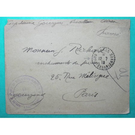 FRANCHISE MILITAIRE FM ADRAR OASIS SAHARIENNE ALGERIE BATAILLON TIRAILLEURS INDIGENES POUR PARIS 1918 WW1