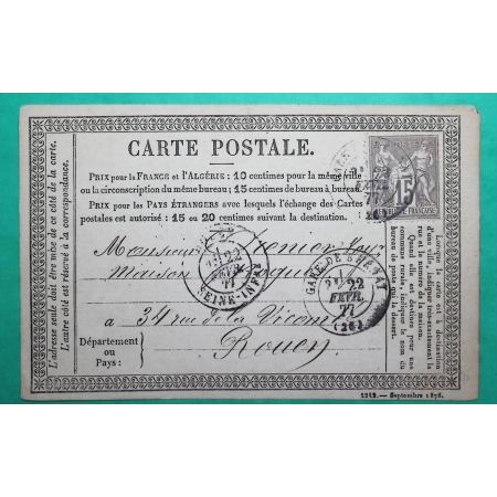 N°77 SAGE CARTE PRECURSEUR CAD TYPE 17 GARE DE BERNAY EURE POUR ROUEN SEINE INFERIEURE 1877 LETTRE COVER FRANCE