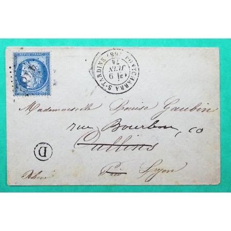 N°60A GC 4489 PONTCHARRA SUR TURDINE RHONE BUREAU SUPPLEMENTAIRE BOITE RURALE D POUR LYON 1874