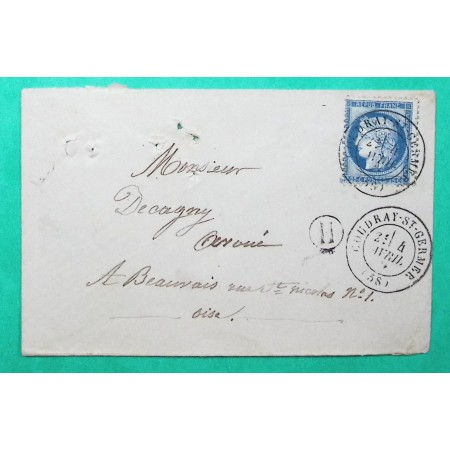 N°60C CAD TYPE 17 COUDRAY SUR GERMER OISE BOITE RURALE H POUR BEAUVAIS 1875
