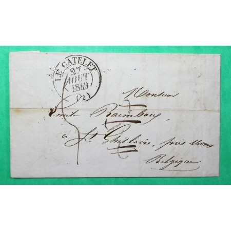 CAD TYPE 13 LE CATELET AISNE POUR ST GHISLAIN BELGIQUE TAXE TAMPON MODIFIEE 2 A 5 1849