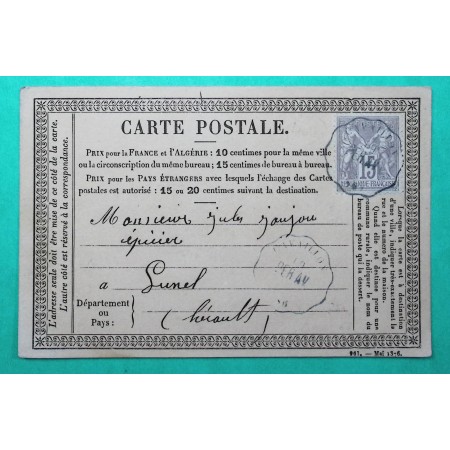 N°66 SAGE TYPE I CARTE PRECURSEUR CONVOYEUR STATION BLEU CAVOILLON LIGNE PER.AV VAUCLUSE 1876