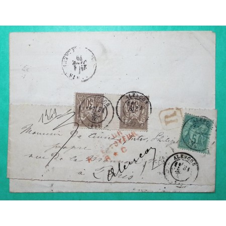 N°69 x2 + 75 SAGE RECOMMANDE TARIF 65C RETOUR ENVOYEUR ROUGE RC PARIS 1879