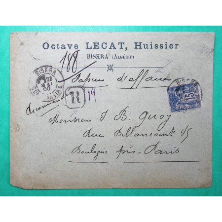N°90 SAGE RECOMMANDE PAPIER D'AFFAIRE 15C BISKRA ALGERIE POUR BOULOGNE SEINE 1900