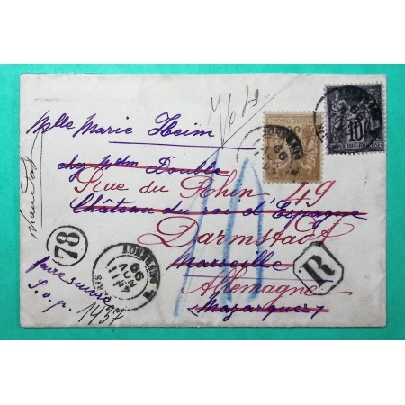 N°80 + 103 SAGE RECOMMANDE PARIS POUR MARSEILLE REEXP DARMSTADT ALLEMAGNE TAXE 10 MANUSCRITE 1899