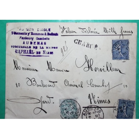 N°111 + 132 x2 MIXTE BLANC SEMEUSE LETTRE CHARGE AU BON DIABLE MAISON RAPHAEL AUBENAS ARDECHE POUR NIMES GARD 1906