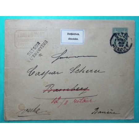ENTIER 5C SAGE TARIF IMPRIME POUR BAMBERG ALLEMAGNE ETIQUETTE VERSTORBEN DECEDE 1892