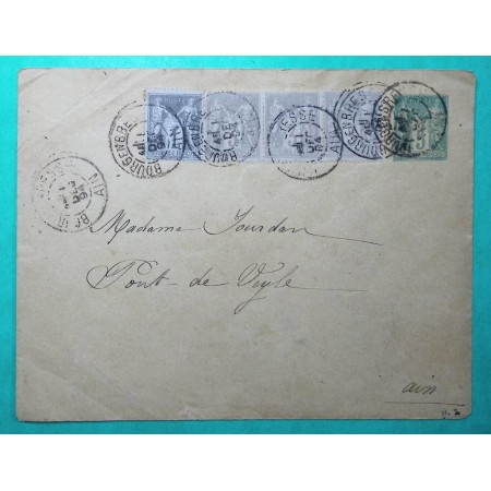 ENTIER 5C SAGE + N°83 + 87 x3 LETTRE TARIF 15C BOURG EN BRESSE AIN 1894
