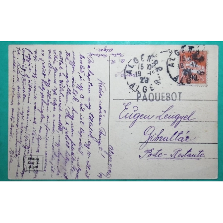 CARTE POSTALE ALGER RP ALGERIE GRIFFE PAQUEBOT TARIF 90C POUR POSTE RESTANTE GIBRALTAR 1929 LETTRE COVER FRANCE