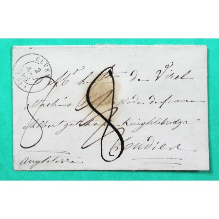 CAD TYPE 15 ELVEN MORBIHAN TAXE 8 MANUSCRITE POUR LONDRES ANGLETERRE 1866