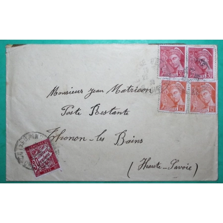 N°408 x2 + 412 x2 MERCURE TARIF 90C ST ETIENNE LOIRE TAXE RESTANTE 30C DUVAL POUR THONON LES BAINS HAUTE SAVOIE 1939