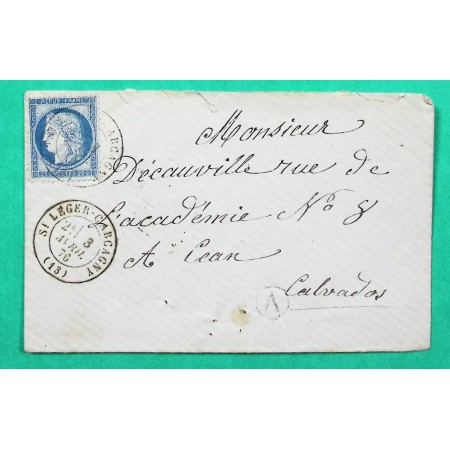 N°60A OBLITERATION CAD TYPE 17 ST LEGER CARCAGNY CALVADOS POUR CAEN 1876