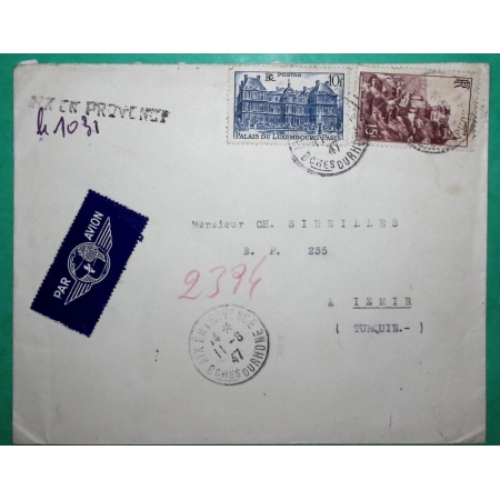 N°760 + 763 PALAIS DU LUXEMBOURG ROCAMADOUR RECOMMANDE PROVISOIRE AIX EN PROVENCE PAR AVION POUR IZMIR TURQUIE 1947