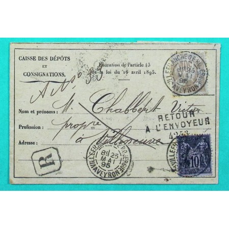 N°80 + 89 SAGE RECOMMANDE 40C VILLEFRANCHE DE ROUERGUE AVEYRON CAISSE DES DEPOTS RETOUR ENVOYEUR 4253 VILLENEUVE D'AVEYRON 1895