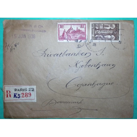 N°290 + 302 PUY EN VELAY ST TROPHIME RECOMMANDE PARIS POUR COPENHAGUE DANEMARK 1936 LETTRE COVER FRANCE